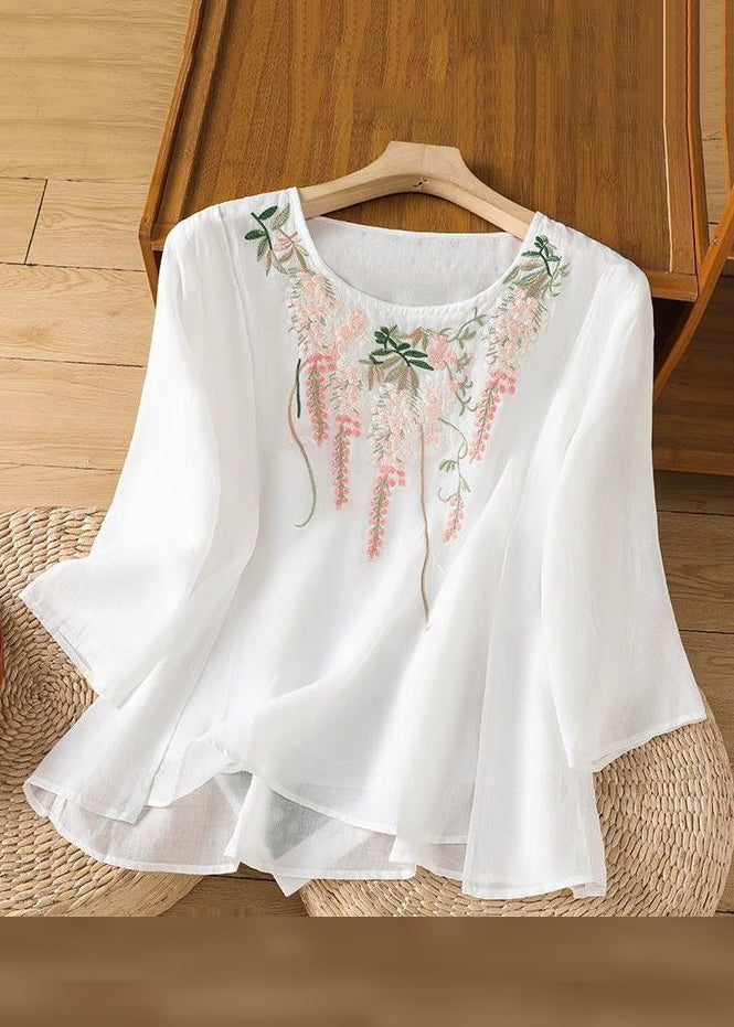 Embroidered Linen Loose Solid Bracelet Pink Sleeve Shirt T FashionChic
