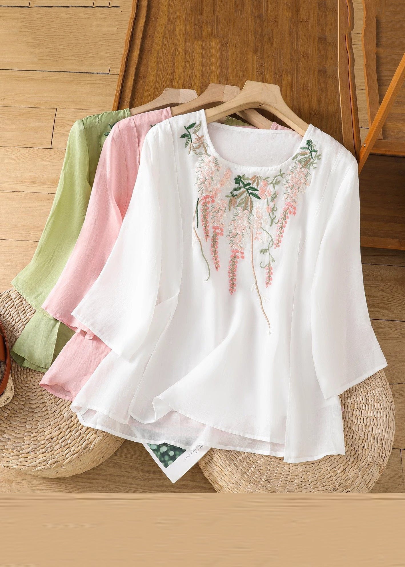 Embroidered Linen Loose Solid Bracelet Pink Sleeve Shirt T FashionChic