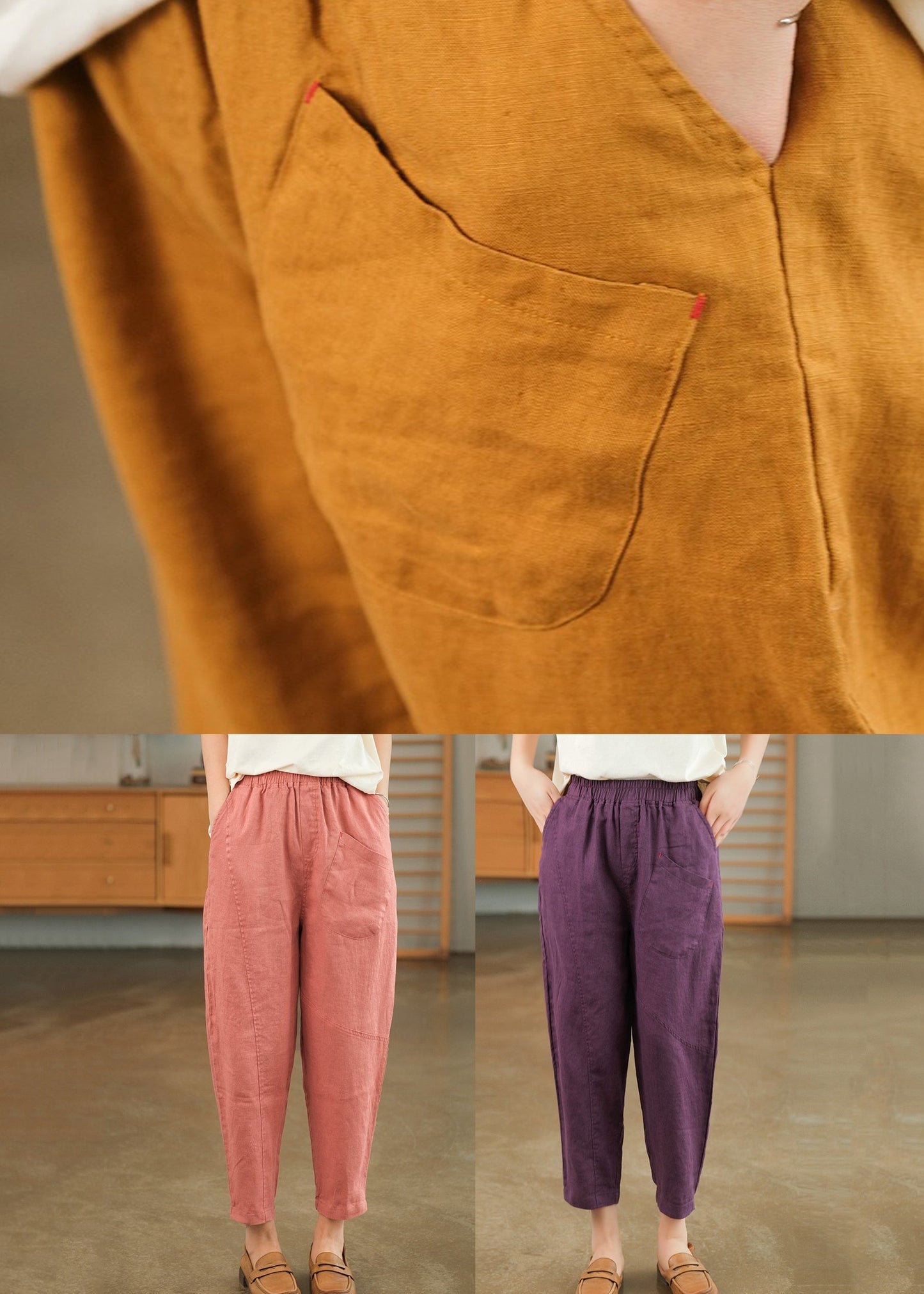 Summer Crop Loose Pants Solid Linen Pink Pockets FashionChic