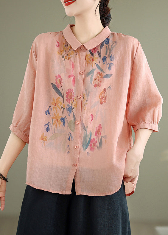 Loose Blouses Sleeve Half Button Pink Linen Print FashionChic
