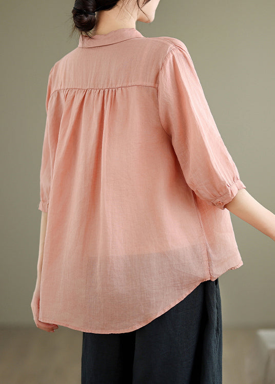 Loose Blouses Sleeve Half Button Pink Linen Print FashionChic
