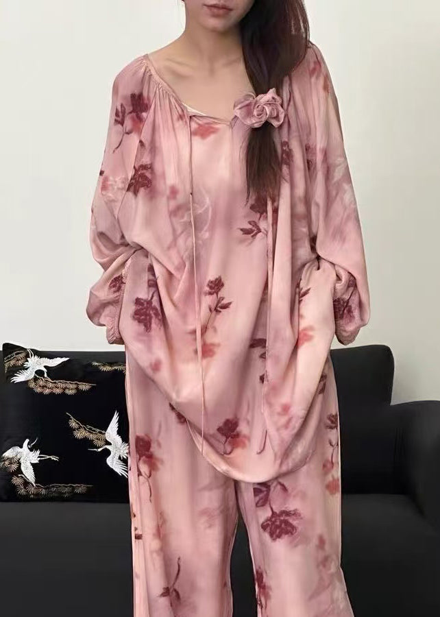 Print Pajamas Up Loose Fall Piece Pink Two Lace Cotton Set FashionChic