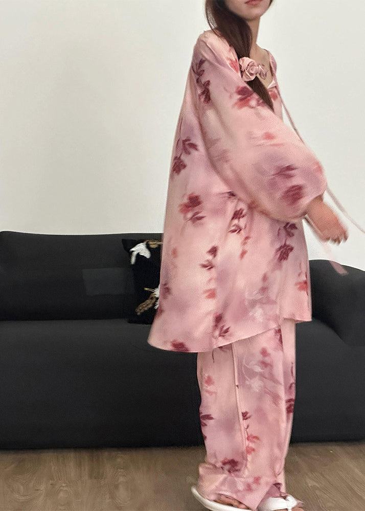 Print Pajamas Up Loose Fall Piece Pink Two Lace Cotton Set FashionChic