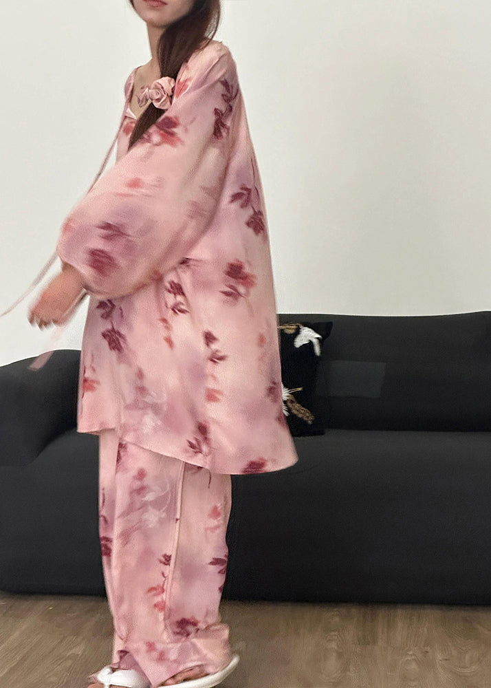 Print Pajamas Up Loose Fall Piece Pink Two Lace Cotton Set FashionChic