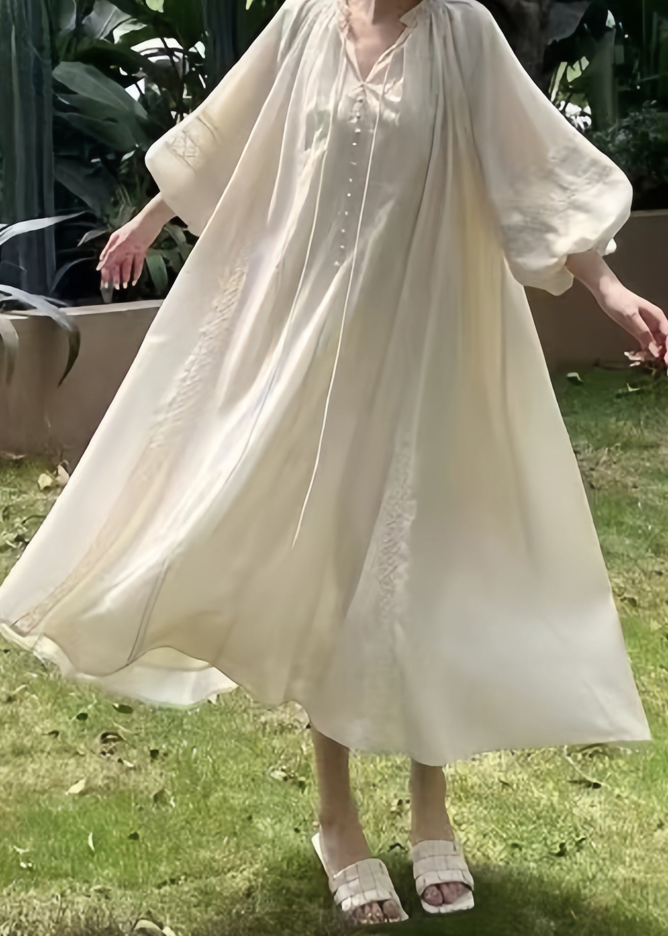 Loose Lace Lantern Pink Ruffled Dress Long Sleeve Cotton Up FashionChic