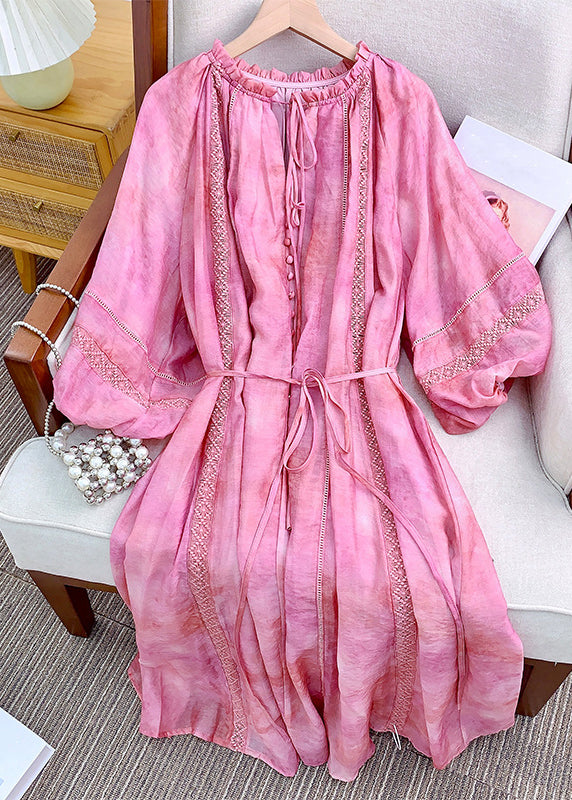 Loose Lace Lantern Pink Ruffled Dress Long Sleeve Cotton Up FashionChic