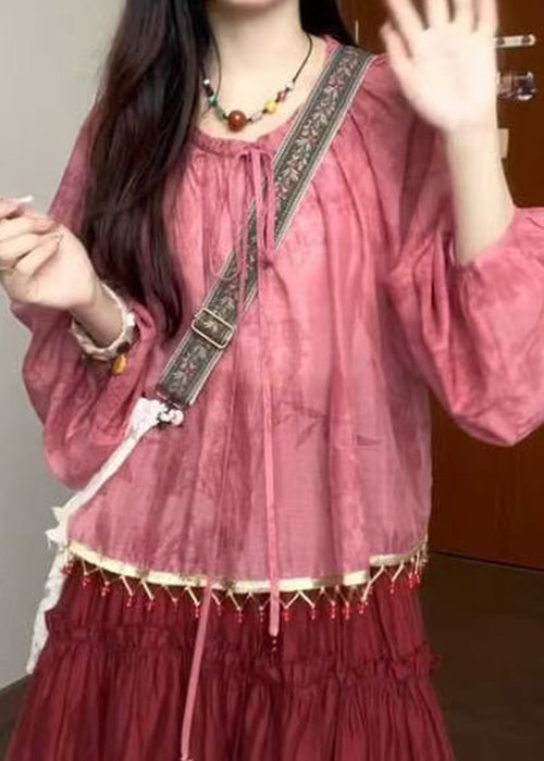 Pink Loose Lace Up Shirt Fall Tasseled Cotton FashionChic