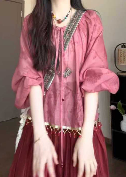 Pink Loose Lace Up Shirt Fall Tasseled Cotton FashionChic