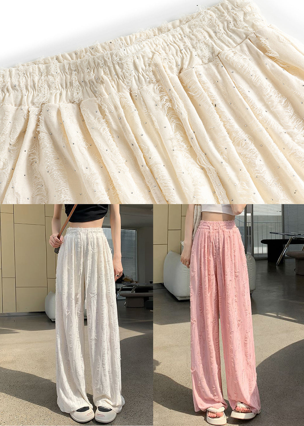 Loose Pink Zircon Elastic Waist Pants Summer AB1047 Genistyle Shop
