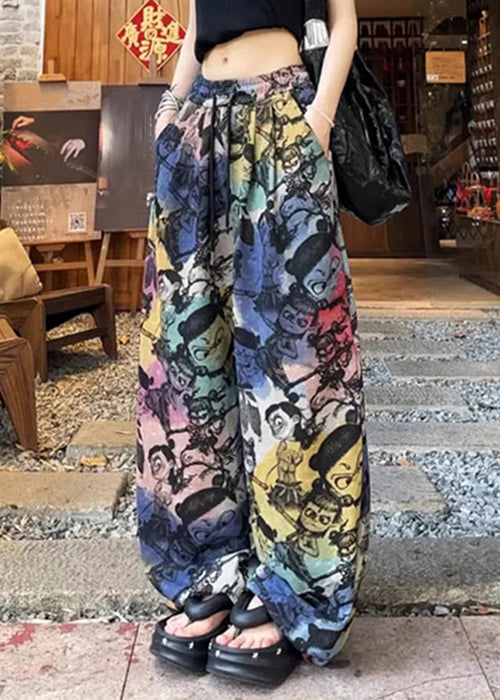 Loose Print Pants Summer Drawstring Cotton Pockets FashionChic