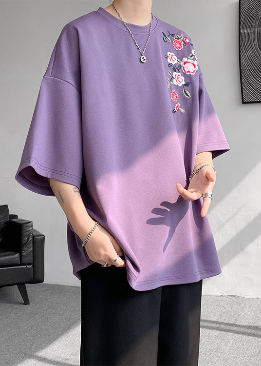 Loose Purple O Neck Embroideried Cotton Mens T Shirts Summer LK060 Men-Silk-MENT240630