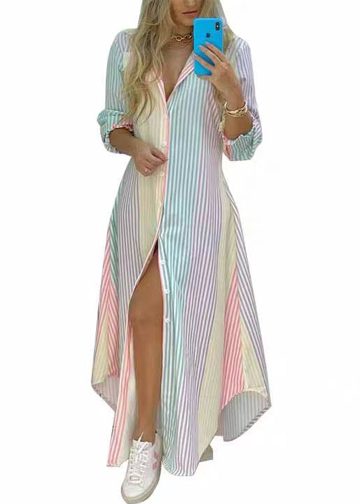 Dress Rainbow Shirts Loose Striped Spring Button Cotton FashionChic