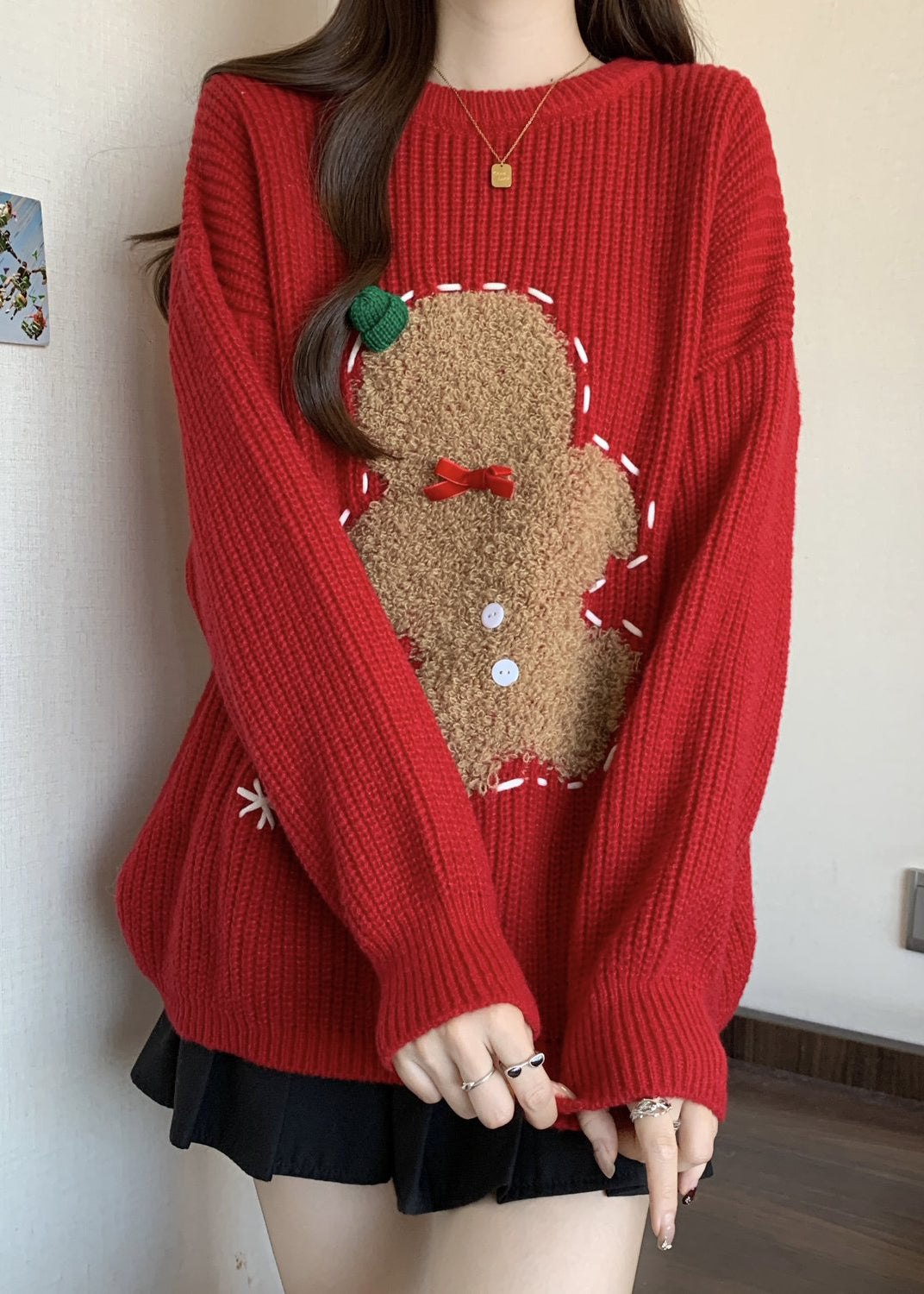 Loose Red O Neck Embroidered Thick Christmas Knit Sweater Winter RG027 ABC