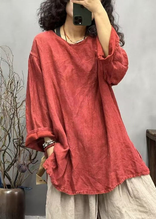 Ppen Linen Neck Red T Fall Loose Shirts O Side FashionChic