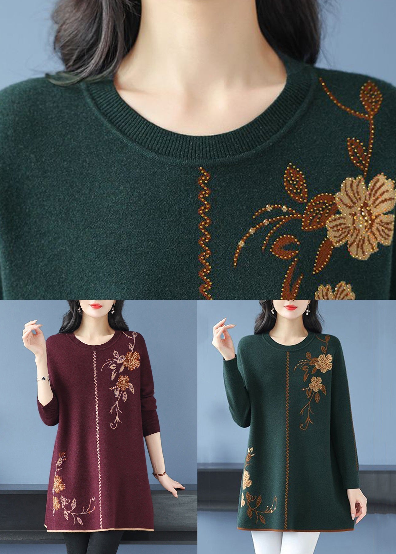 Loose Red O Neck Zircon Wool Knit Sweaters Long Sleeve TB006