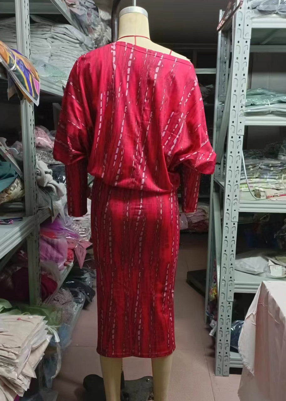 Loose Red Print High Waist Cotton Dresses Batwing Sleeve BB041 Hawaii-FDL240622