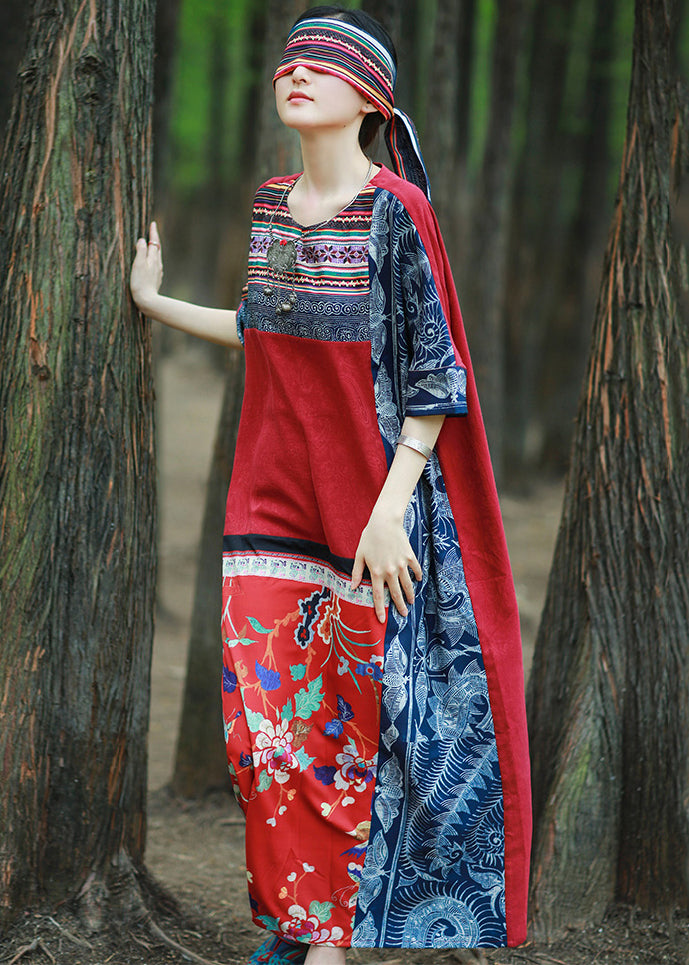 Loose Red Print Pockets Patchwork Cotton Maxi Dresses Half Sleeve KK096 SH-LF-SDL240602