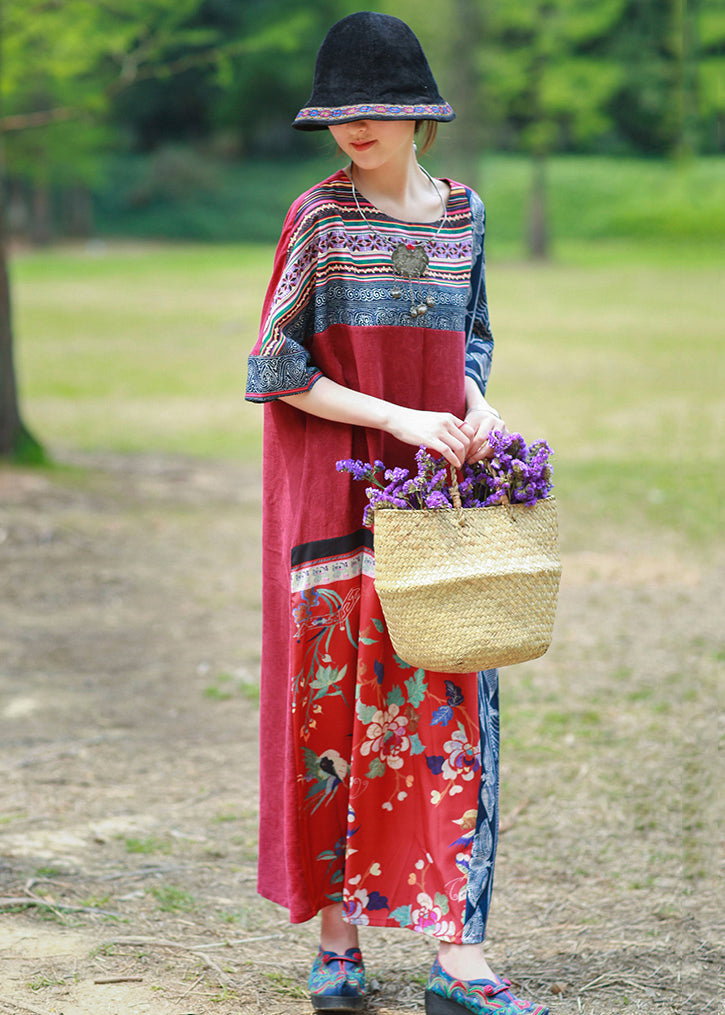 Loose Red Print Pockets Patchwork Cotton Maxi Dresses Half Sleeve KK096 SH-LF-SDL240602
