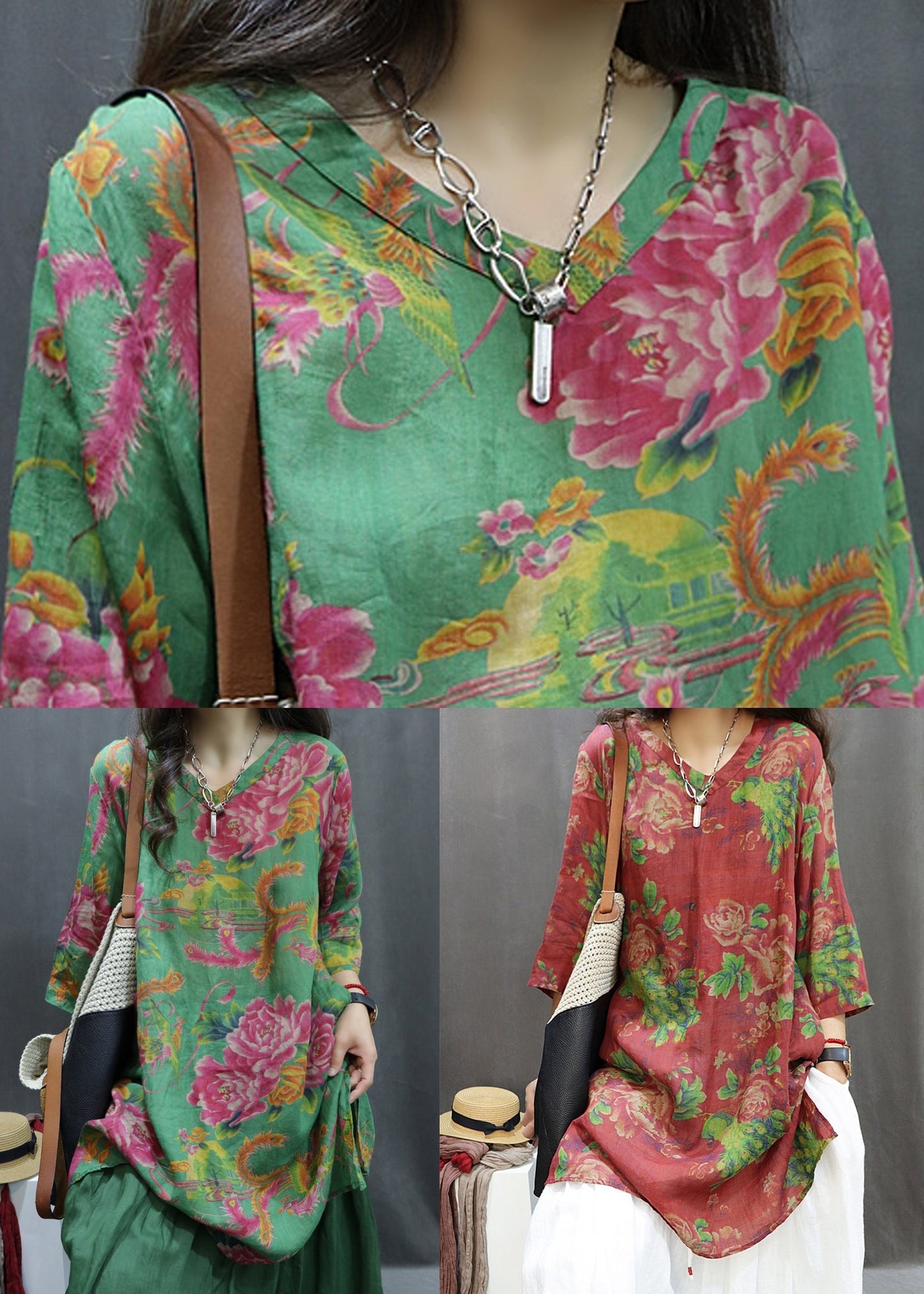 Loose Red Print Side Open Cotton Blouses Summer GG060 MZF-HTP240610