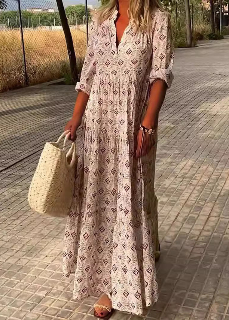 Loose Sky Blue V Neck Print Maxi Dresses Fall QA031 OM-BB241009