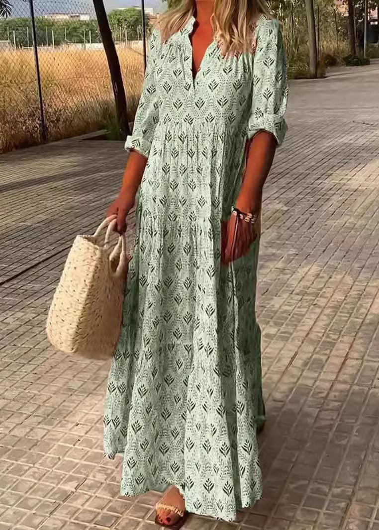 Loose Sky Blue V Neck Print Maxi Dresses Fall QA031 OM-BB241009