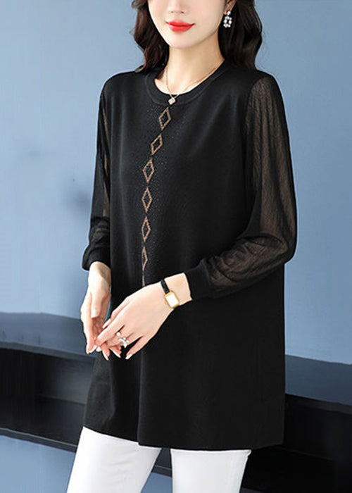 Loose Striped O Neck Zircon Tulle Patchwork T Shirt Spring TB025