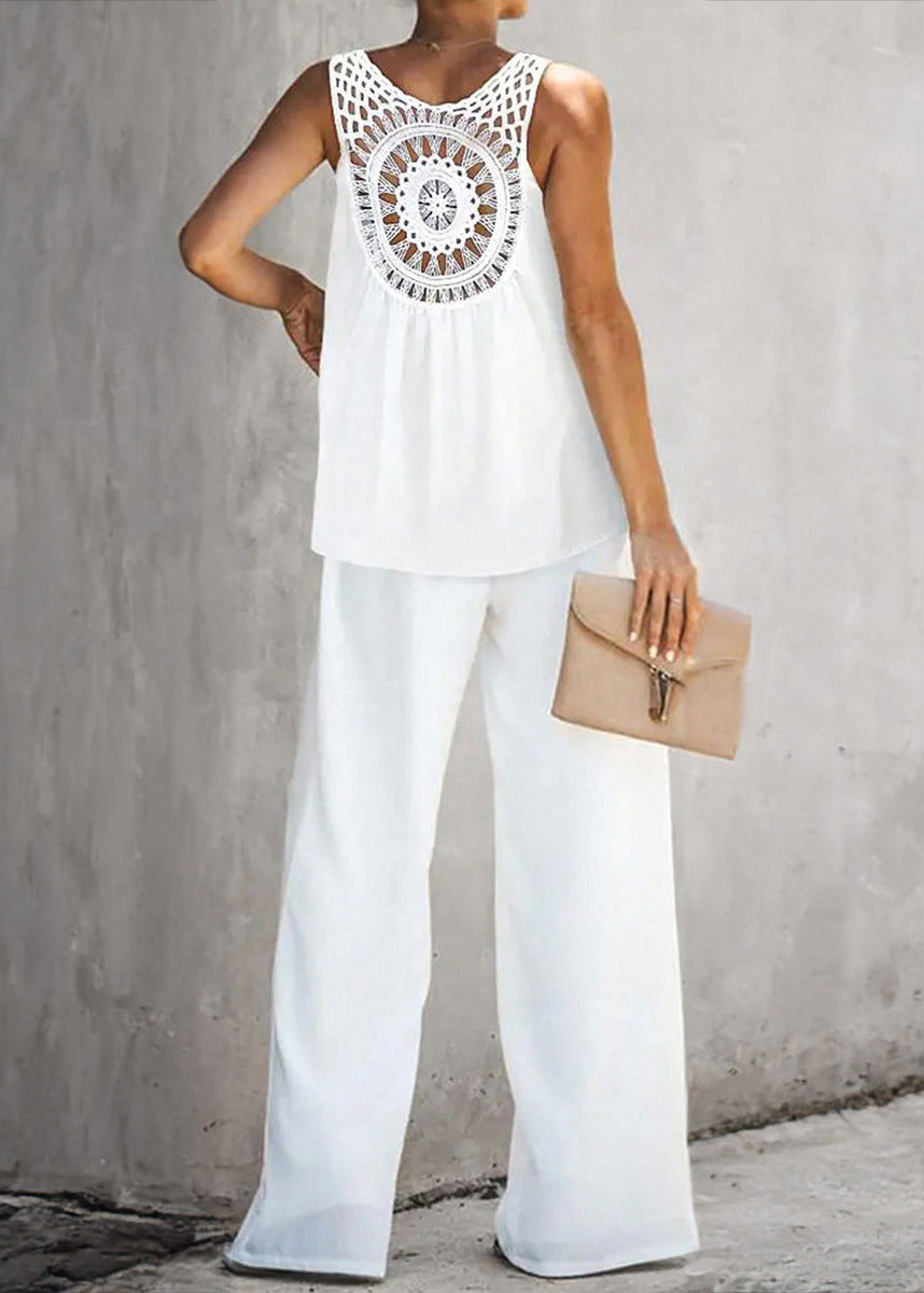 Loose Cotton White Out Two Solid Sleeveless Pieces Hollow Set FashionChic