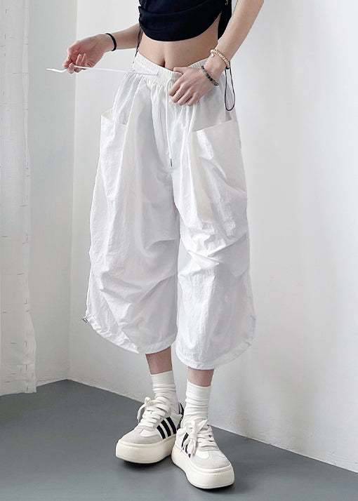 Solid Pockets Cotton Loose Lace White Up Crop Pants FashionChic