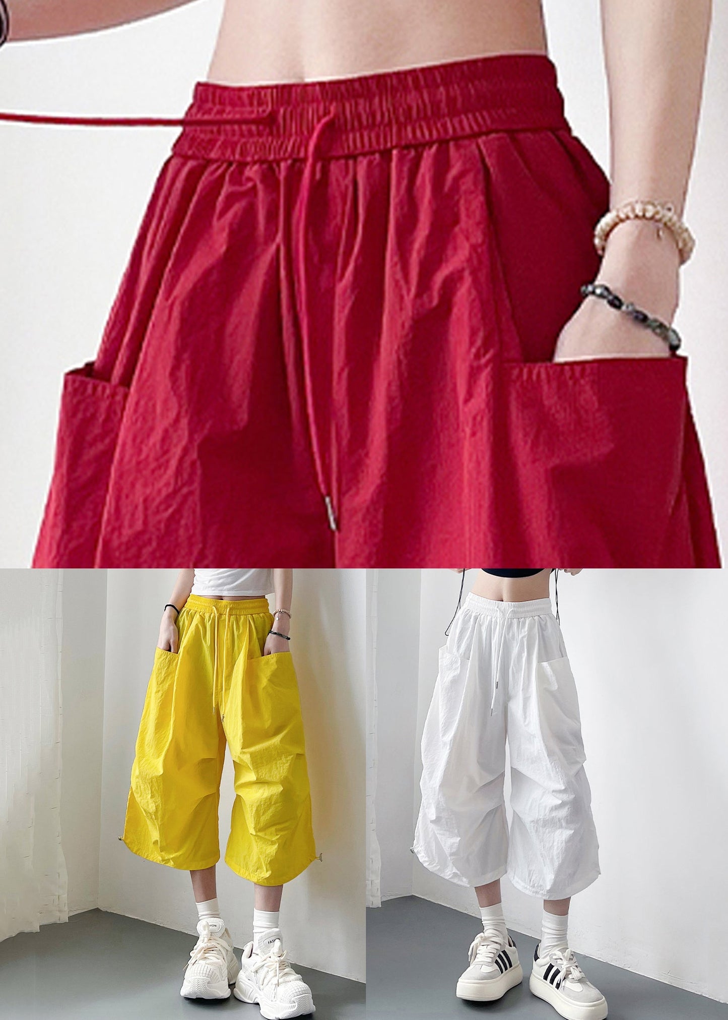 Solid Pockets Cotton Loose Lace White Up Crop Pants FashionChic