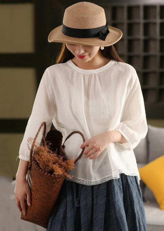 Summer Neck Tops Patchwork Shirt Loose O Lace White Linen FashionChic