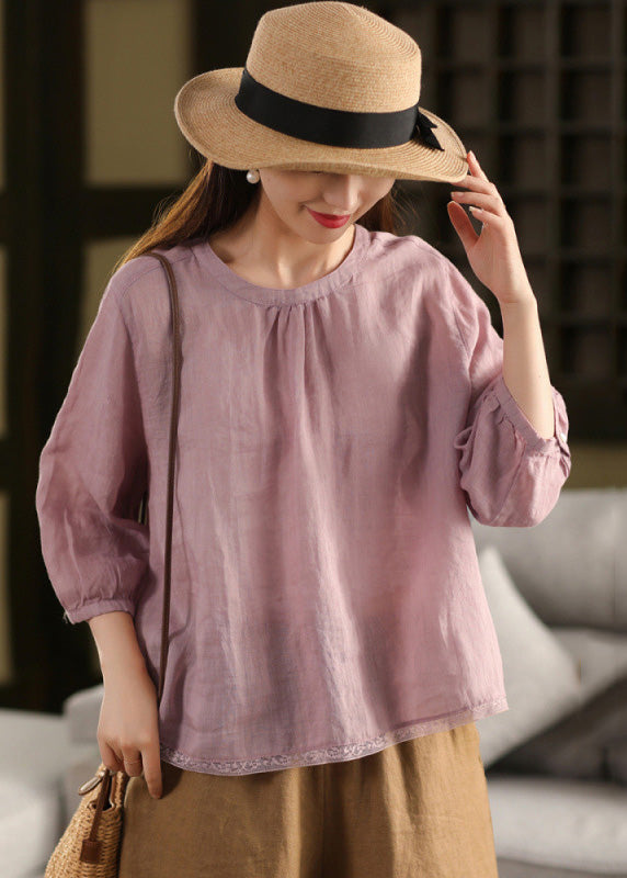 Summer Neck Tops Patchwork Shirt Loose O Lace White Linen FashionChic