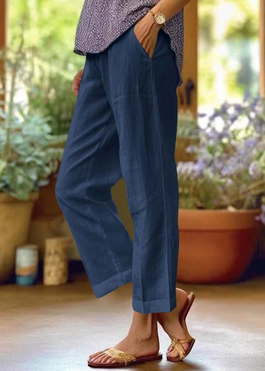 Loose White Pockets Solid High Waist Cotton Crop Pants Summer QE050 MZF-CPTS240927