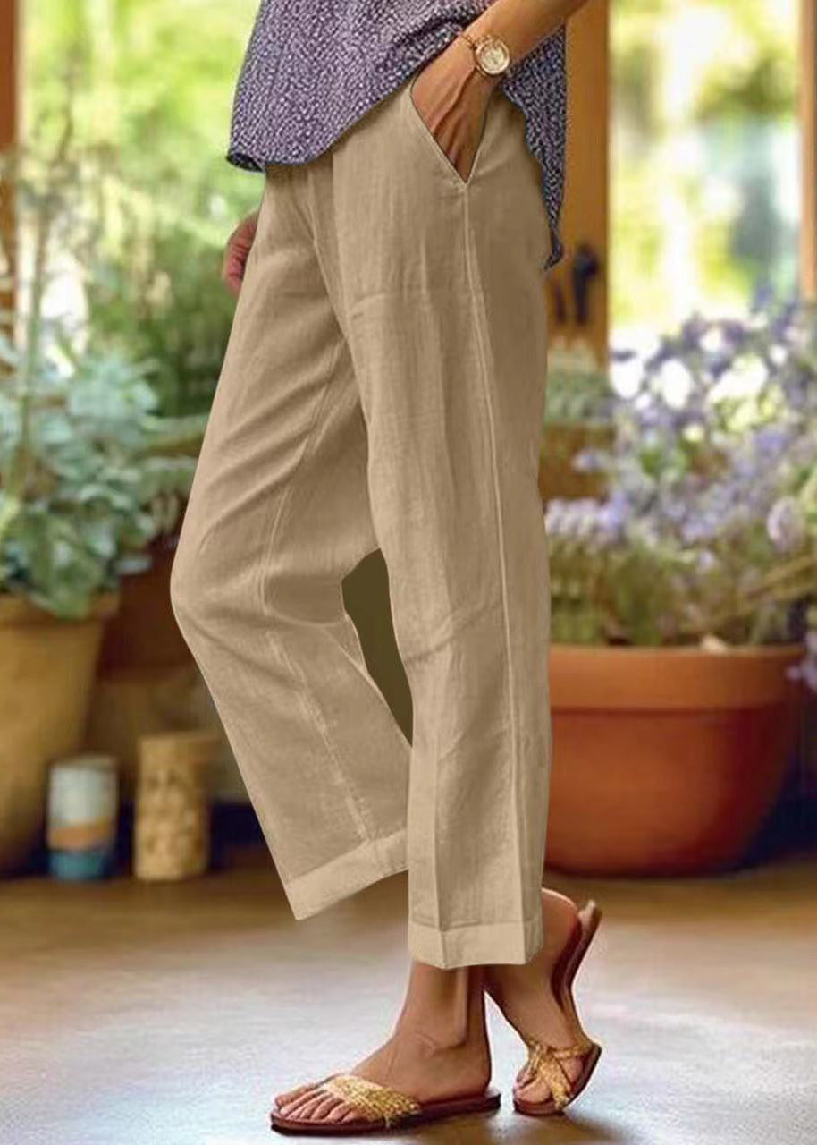Loose White Pockets Solid High Waist Cotton Crop Pants Summer QE050 MZF-CPTS240927