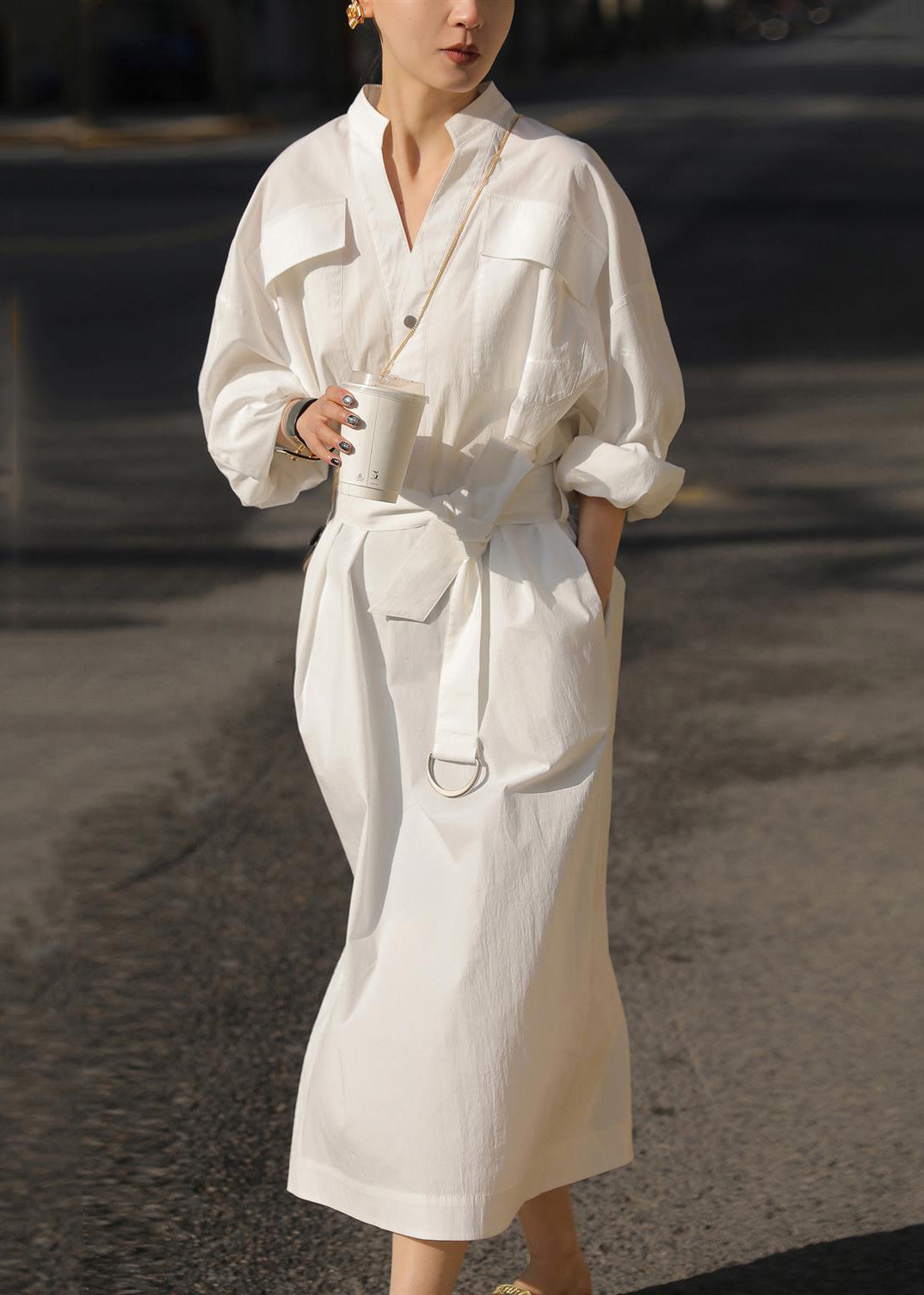 White Dress Fall Open Tie Pockets Waist Cotton Side Blouses Loose FashionChic