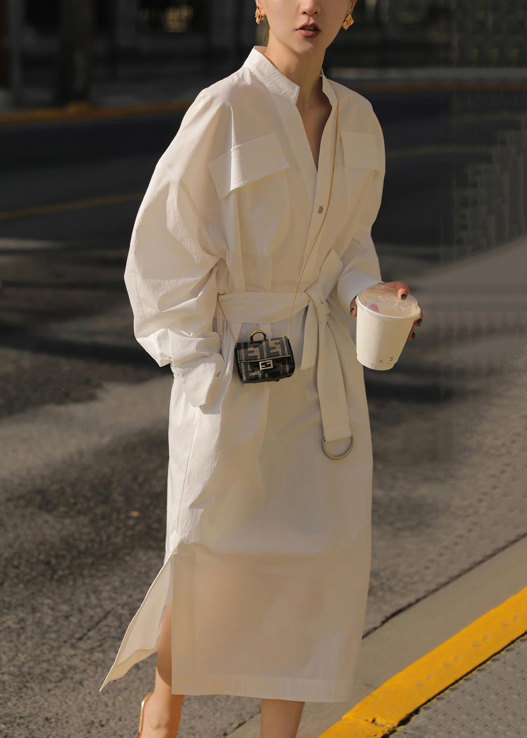 White Dress Fall Open Tie Pockets Waist Cotton Side Blouses Loose FashionChic