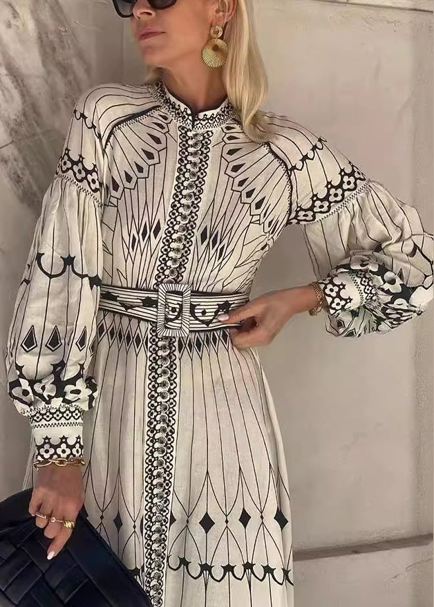 Loose White Print Sashes Cotton Dress Long Sleeve BB054 Hawaii-FDL240622