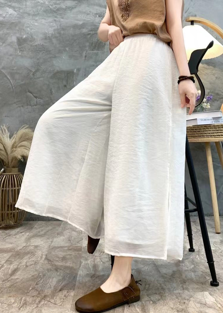 Loose White Side Open Elastic Waist Linen Crop Pants Summer AU1068 MZF-240903