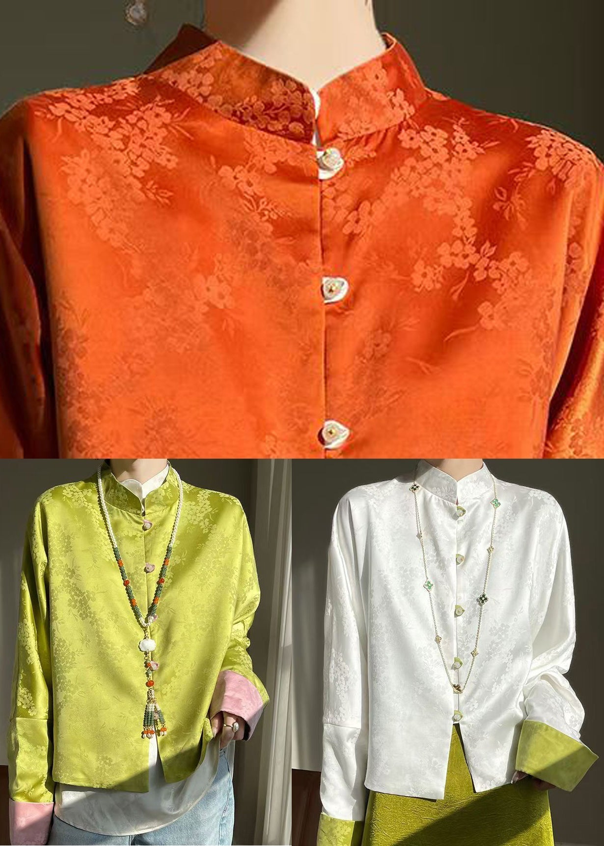 Loose White Stand Collar Button Silk Shirt Long Sleeve AB1055 Genistyle Shop