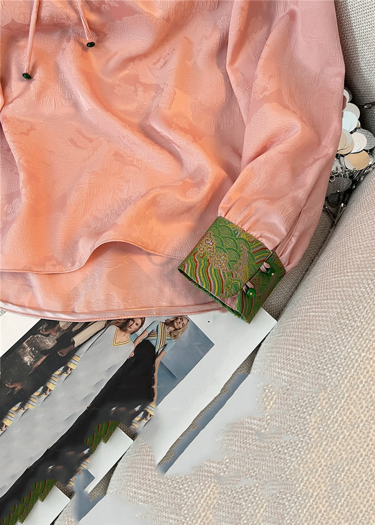 Loose White Stand Collar Button Silk Shirts Fall QO006 MZF-CTS241008