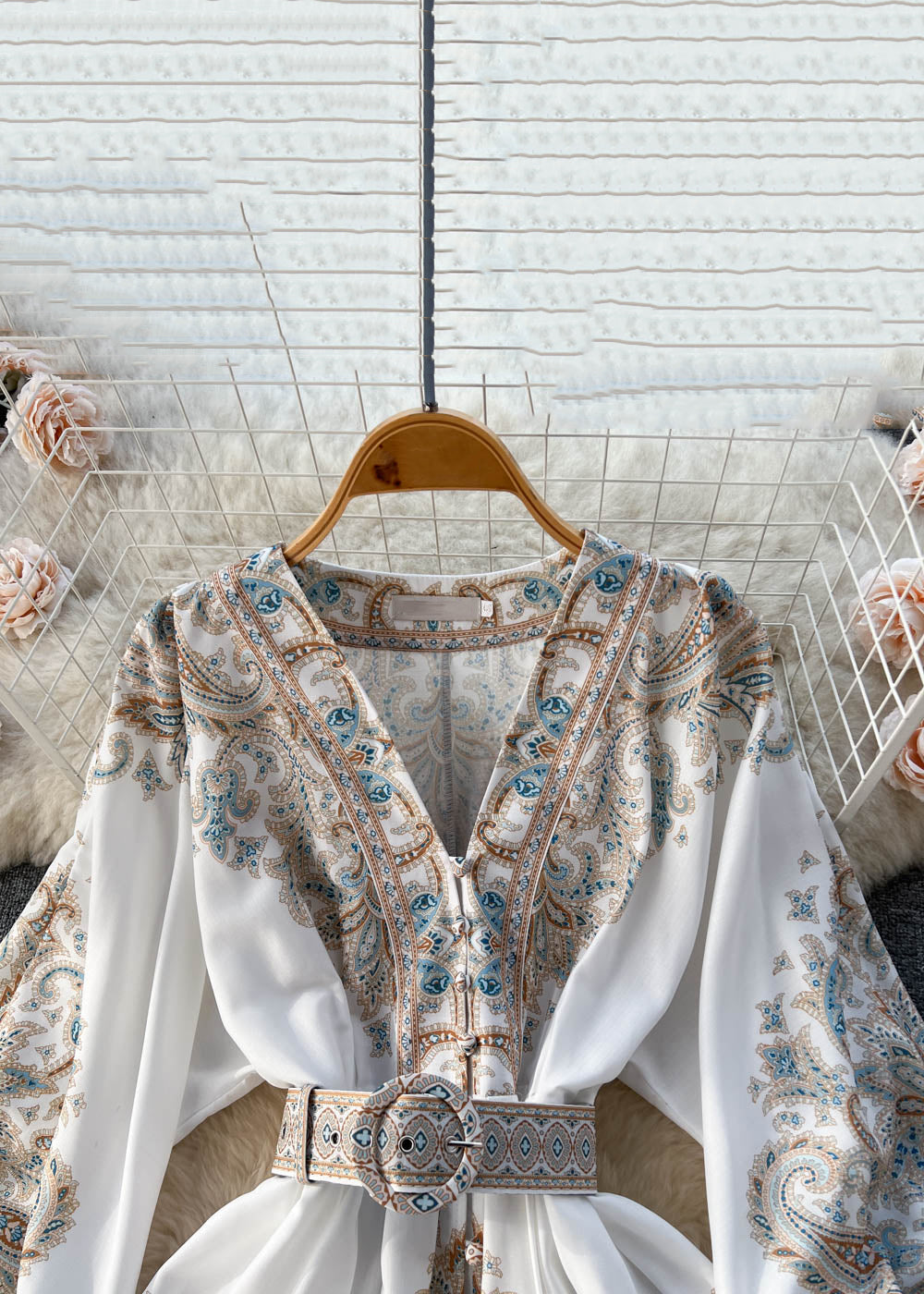 Loose White V Neck Print Cotton Mid Dress Long Sleeve TR052 ZS-FDM240730