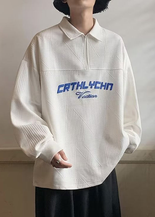 Cotton TC034 Sweatshirts Loose Polo White Letter Zippered Men Spring