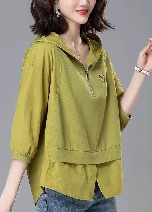 Patchwork Zippered Loose Yellow Tops Hooded Summer Cotton FashionChic