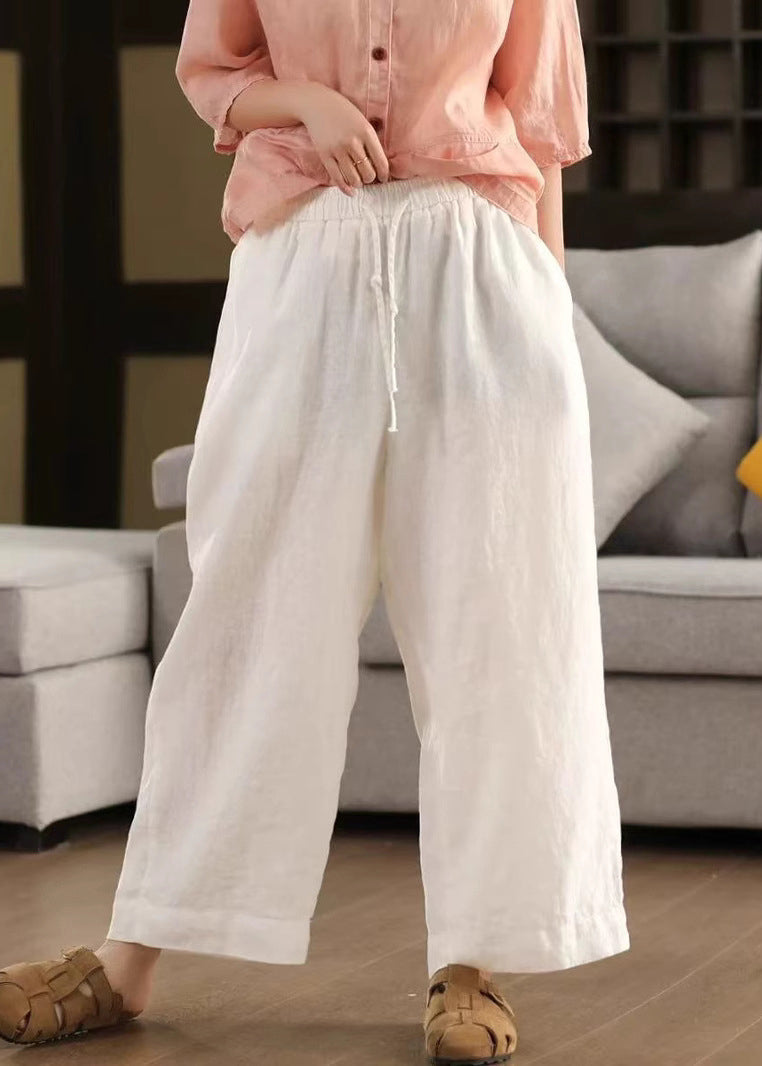 Loose Waist Elastic Pants Summer Crop Up Linen Yellow Lace FashionChic