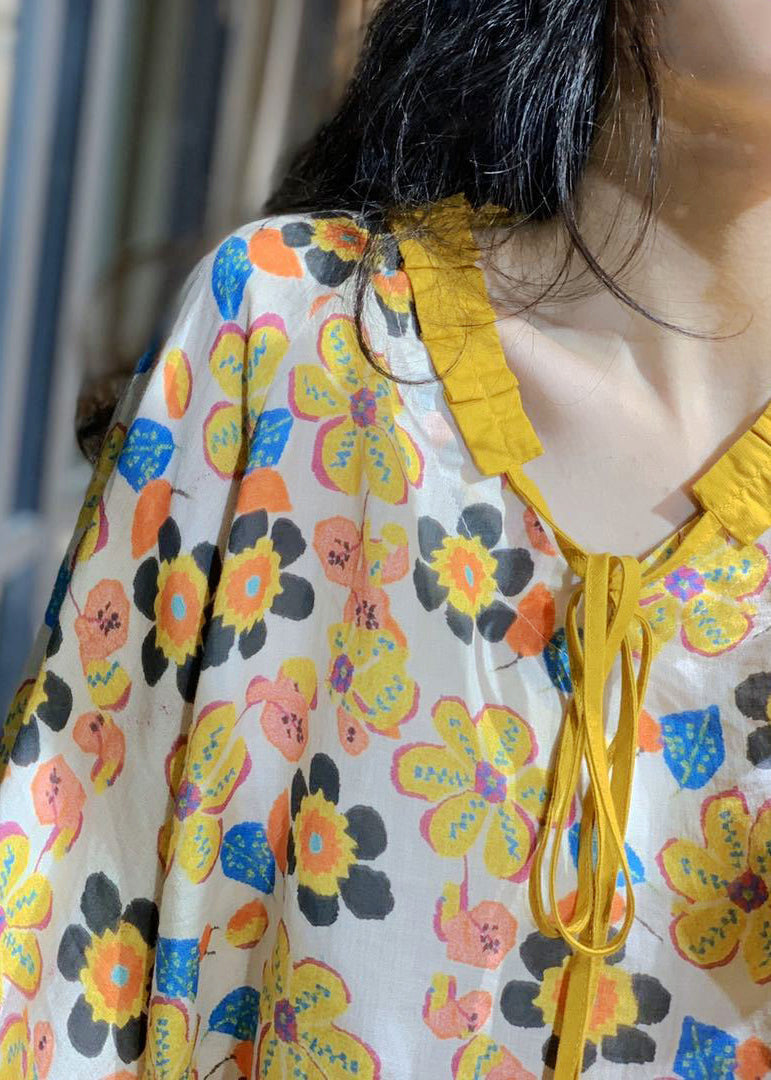 Loose Yellow Lace Up Print Cotton Top Long Sleeve GH1022 Ada Fashion