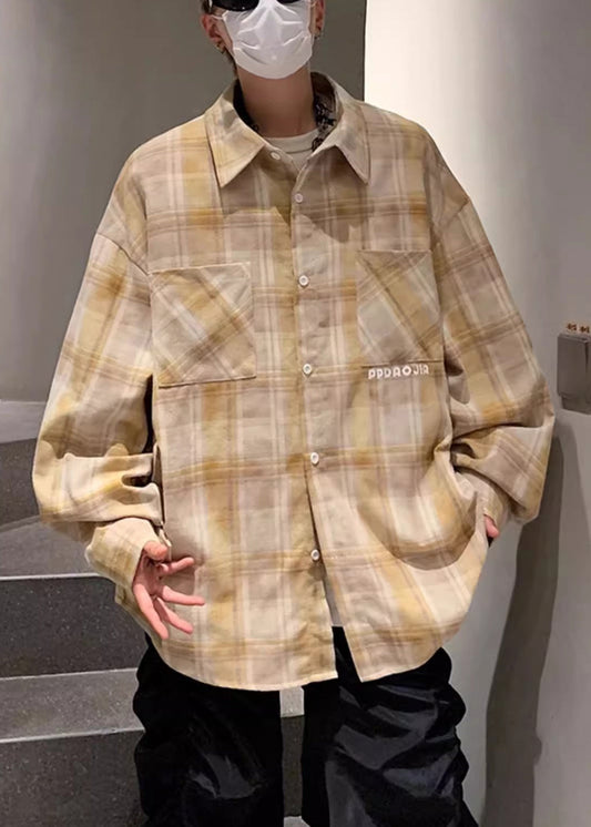 Plaid Shirt Pockets Men Peter Collar Loose Pan Yellow Cotton FashionChic