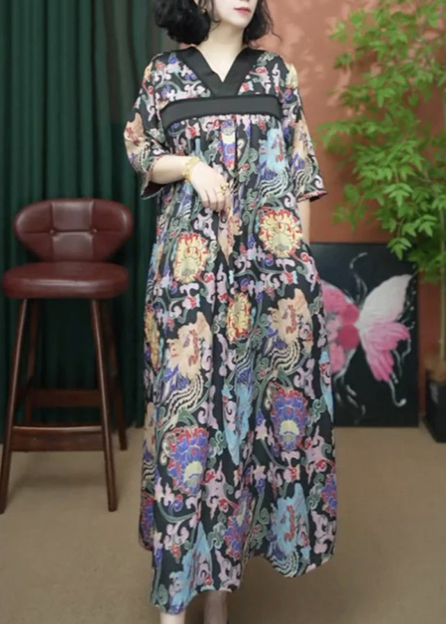 Cotton Dresses Summer Loose Print Long V Neck Yellow FashionChic