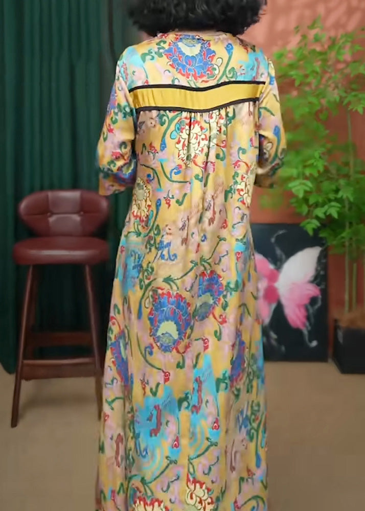 Cotton Dresses Summer Loose Print Long V Neck Yellow FashionChic