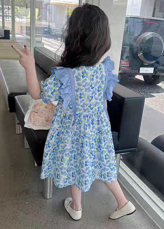 Lovely Blue Ruffled Print Cotton Girls Long Dress Summer TT015 MM-RCTZSDGL240816