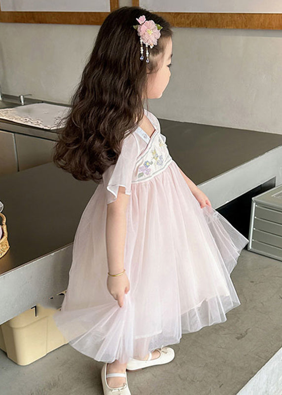 Lovely Light Pink Square Collar Embroideried Patchwork Tulle Kids Long Dresses Summer MN011 MM-RCTZ-SDL240701