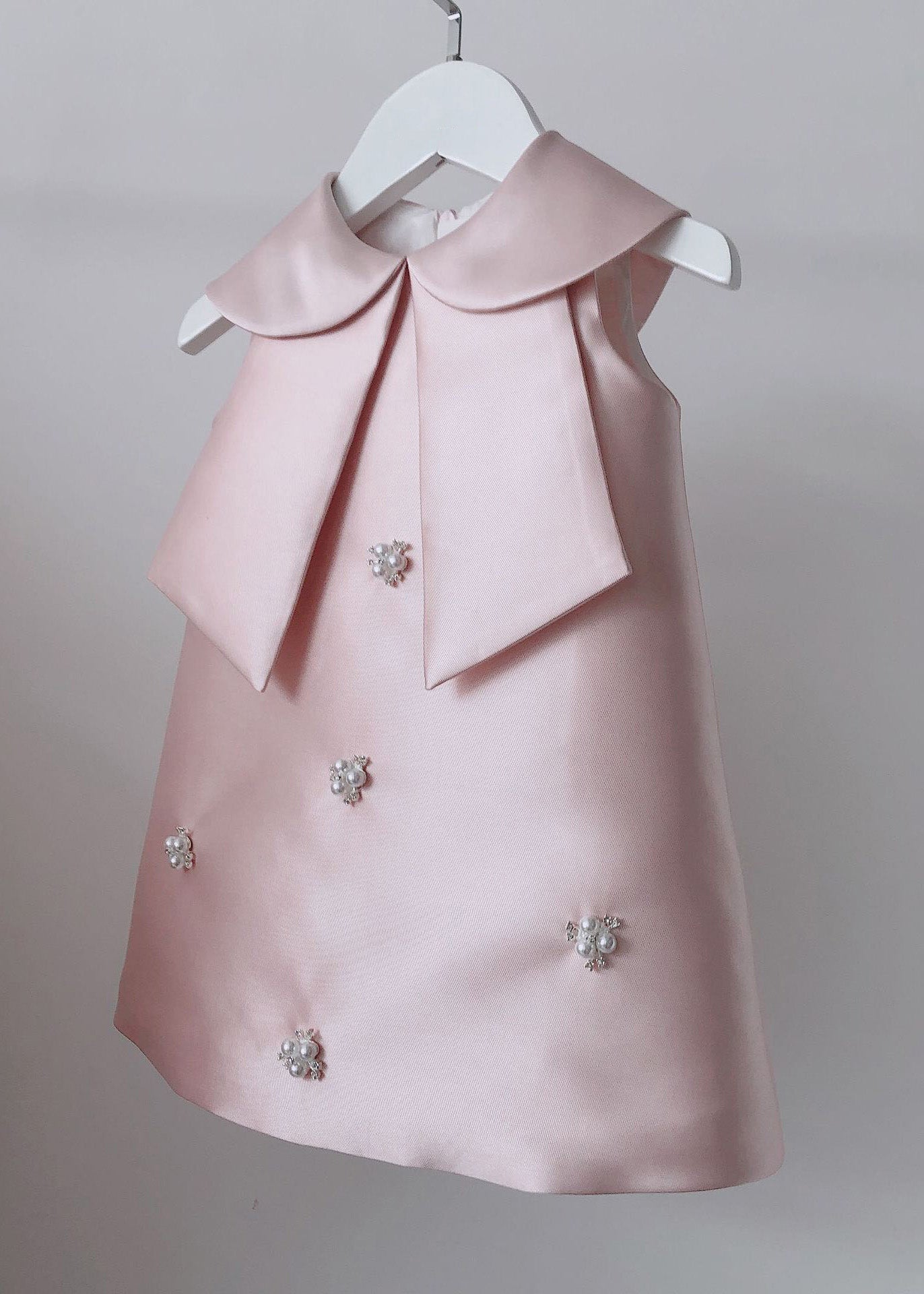 Lovely Pink Peter Pan Collar Bow Pearl Zircon Kids Maxi Dress Sleeveless YS032 ABC